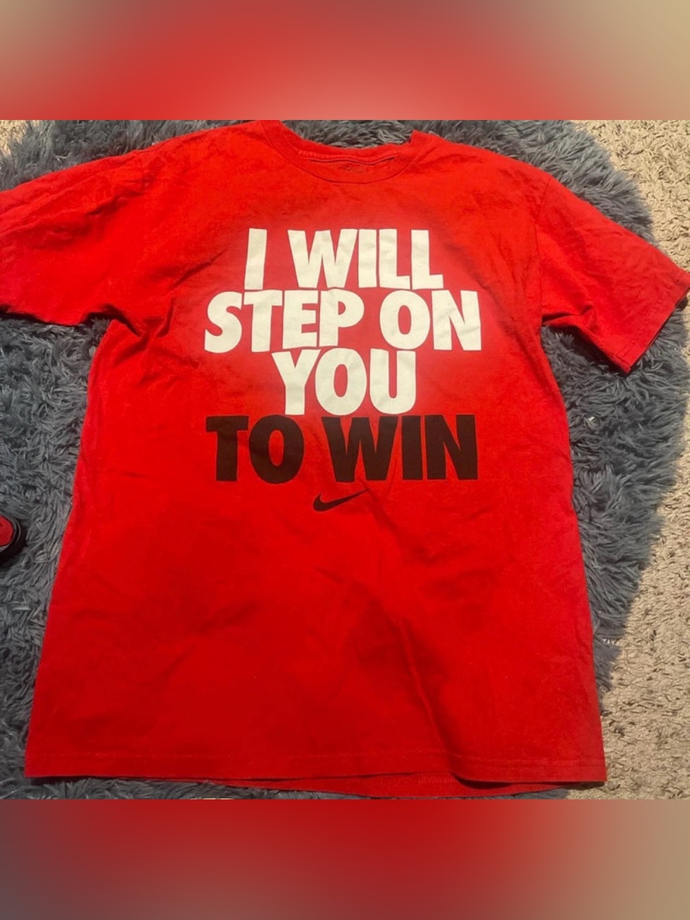 Nike Red Graphic Tee with Bold White and Black Text